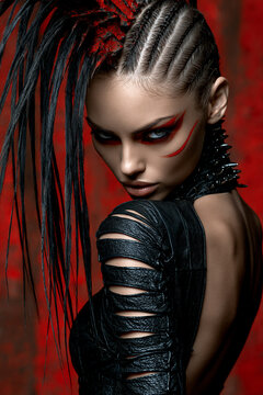 surreal retro punk woman with wild mohawk hairstyle, rebellious 1980s underground aesthetic, vintage punk fashion, eccentric vintage punk subculture