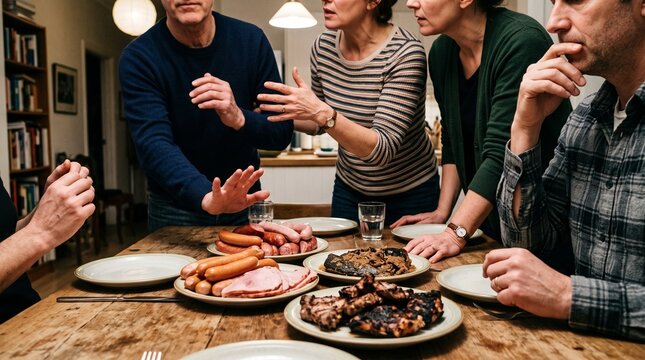 Family group discussing and avoiding processed and salty charred foods at dinner table for health