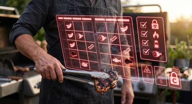 Red warning overlay alert for charred grilled food and high sodium cancer risk at barbecue grill