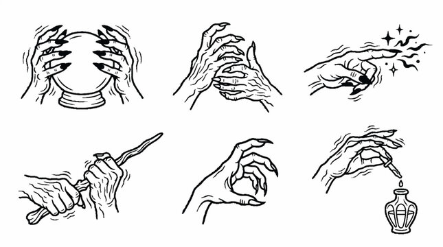 Collection of hand drawn witch hands performing various magical spells and rituals.