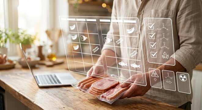 Health risk assessment of processed meat with holographic nutrition checklist overlay in home kitchen