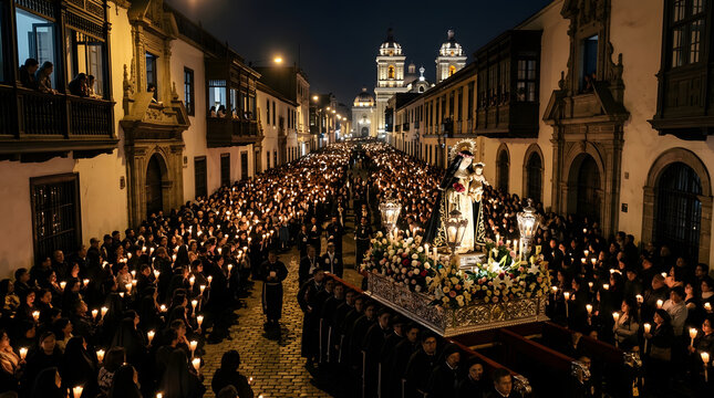 Religious procession with candles on colonial street at night in Cusco Peru