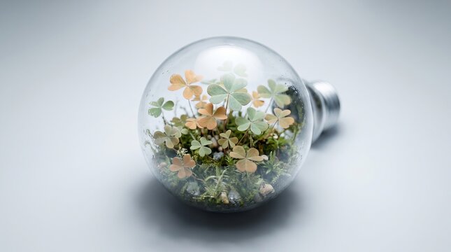 Glowing glass light bulb containing miniature living clover plants with vibrant green leaves inside a clear spherical hollow casing structure