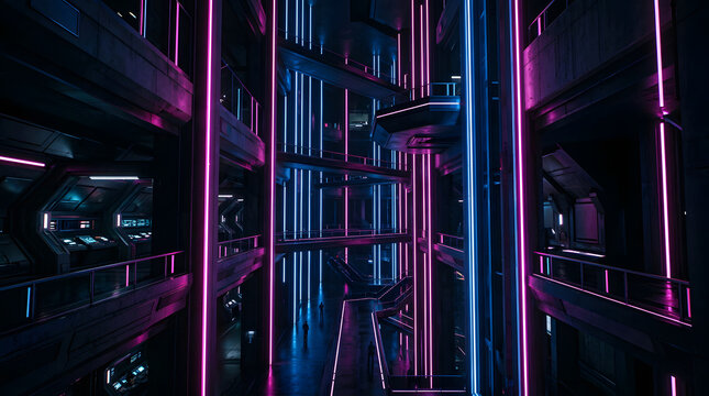 Futuristic corridor with vertical neon light tubes.