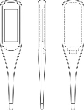 Technical Drawing of Digital Clinical Thermometer Front Side and Back Views Line Art Vector Illustration