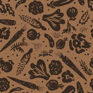 Fresh vegetables illustration with a brown background featuring various types of produce and herbs in a seamless pattern	