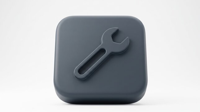 3d render of a dark gray wrench icon on a rounded square button isolated on white background