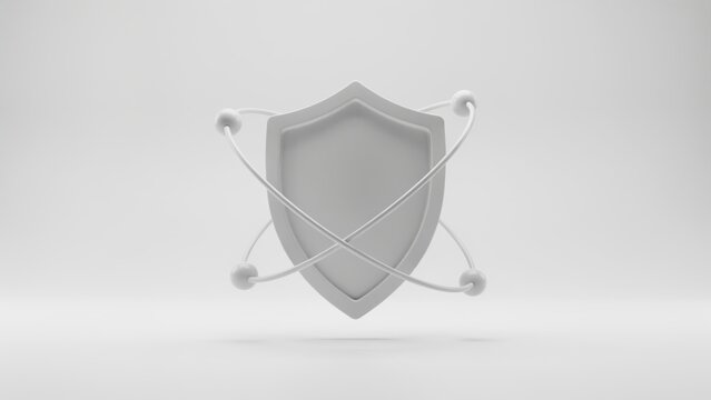 White shield icon surrounded by orbiting rings on light background