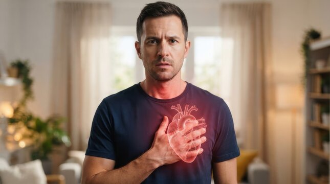 Worried man clutching his chest experiencing sudden intense cardiac health pain