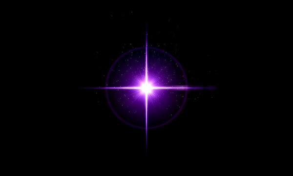 Radiant purple starburst flare glowing with intense cosmic energy against deep black background creating mystical digital effect for modern graphic design and artistic visual projects
