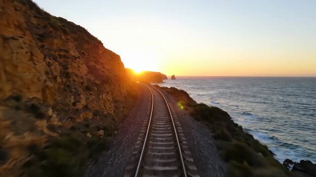 Train tracks along a coastal cliffside at sunset with ocean view