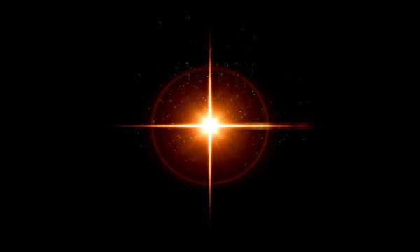 Bright glowing orange starburst light flare emitting radiant beams and small sparkling particles against a solid deep dark black background for modern digital design projects
