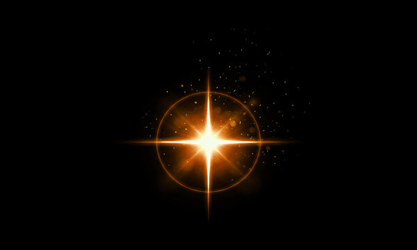 Radiant golden starburst effect featuring brilliant lens flares and sparkling light particles isolated on a deep black background for creative digital overlays and festive holiday designs