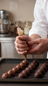 Professional pastry chef hands drizzle melted chocolate over a row of dome pralines. Close-up of a man working in a modern confectionery kitchen on a tray