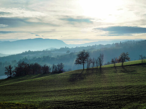 Sun rays piercing through morning mist on Italian hills