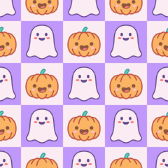 Obraz premium Halloween Checkered Pattern With Cute ghost and Pumpkin. Cute Halloween Seamless Pattern for fabric texture, wrapping paper. Vector illustration
