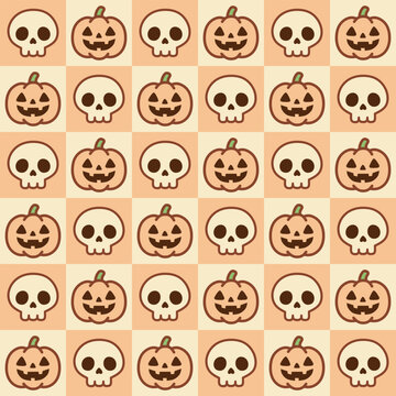 Halloween Checkered Pattern. Skull and Pumpkin. for fabric texture, wrapping paper. Vector illustration