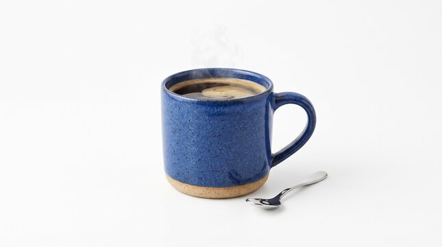 Hot Black Coffee in Speckled Blue Ceramic Mug with Teaspoon on Isolated White Background