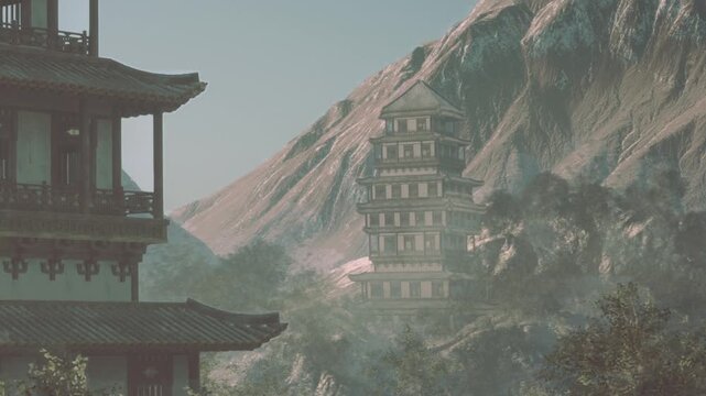 A tall building stands near a mountain. The building has multiple levels and is surrounded by trees. A clear sky and soft sunlight show the details of the structure and landscape.
