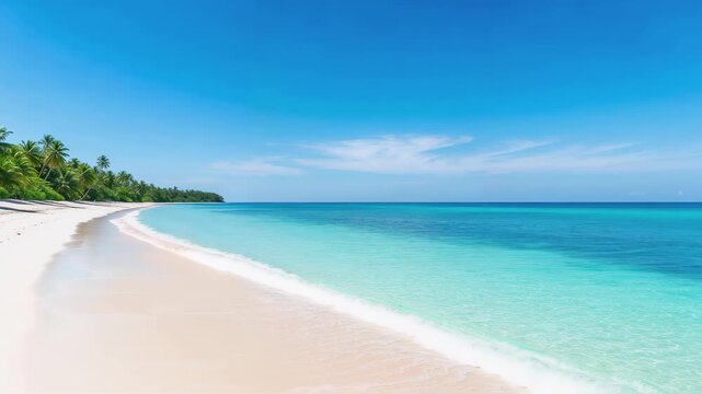 Tropical beach with white sand and clear turquoise water. Gentle ocean waves rolling onto the shoreline with palm trees on a sunny summer day. Island vacation destination