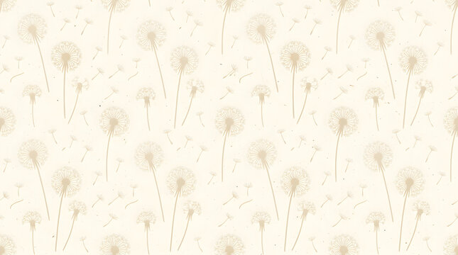 Flat illustrated seamless print of dandelion seed heads in soft ivory silhouette tones on light grain paper background for wallpaper perfect for scrapbooking and gift wrap paper design