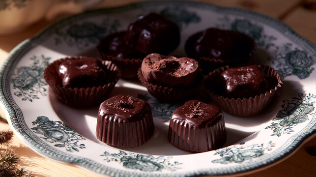 Dark chocolate bonbons and truffles artfully arranged on an antique patterned plate, offering a gourmet dessert experience
