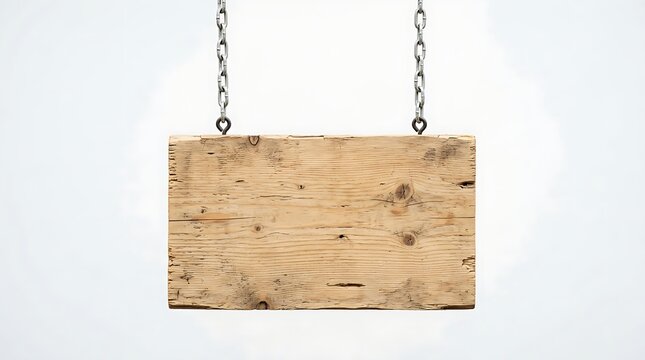 Blank hanging wooden signboard with natural grain texture suspended by metal chains on white backdrop.