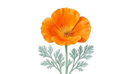Fototapeta premium Botanical illustration of a bright orange California poppy flower stem and leaves on clean white background.