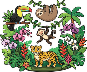 Naklejka premium Tropical Jungle Animals and Exotic Plants Vector Illustration