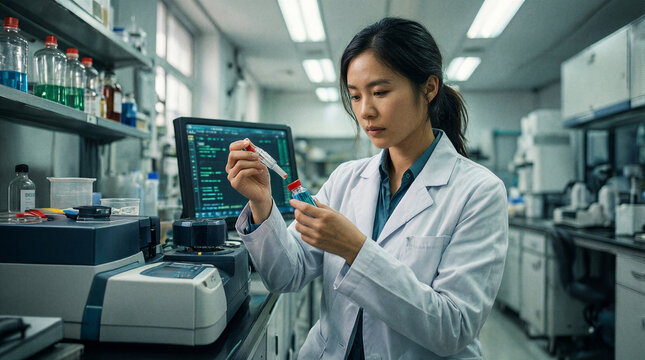 A young East Asian woman in a lab coat carefully loads a sample into a mass spectrometer, vial in hand