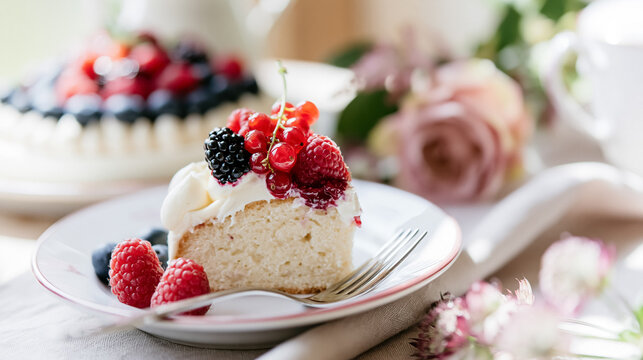 Slice of vanilla berry cake with fresh raspberries, blackberries, red currants, and cream frosting for a summer celebration