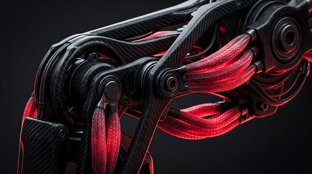 Robotic prosthetic limb with carbon fiber joints, bionic arm with red synthetic muscle fibers, futuristic mechanical exoskeleton detail