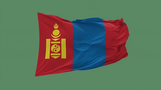 Mongolian national flag waving in wind against green background for cultural or travel projects