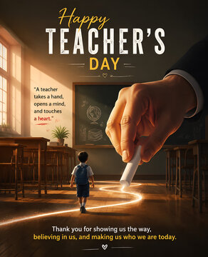 Teacher day celebration poster featuring giant hand drawing a path for a small student in a warm sunny classroom setting
