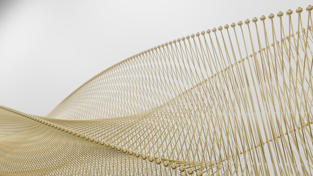 Gold, mesh, wire, wave, abstract, curve sculpture with delicate lattice pattern on white background space