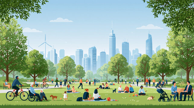 Concept of an ideal peaceful world, diverse families relaxing together in a clean green public park, children playing, elderly people talking, cyclists and pedestrians sharing