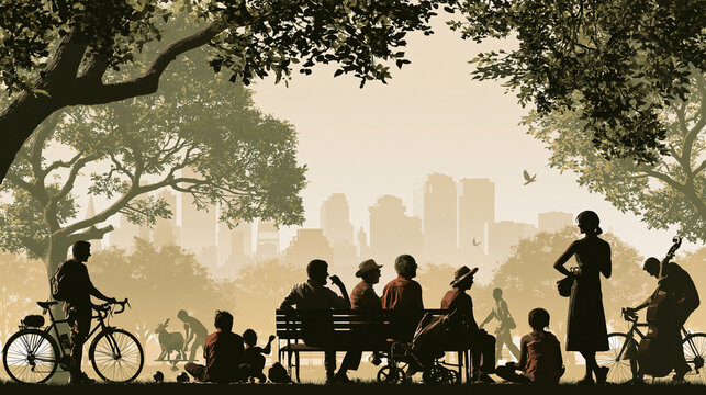 Concept of an ideal peaceful world, diverse families relaxing together in a clean green public park, children playing, elderly people talking, cyclists and pedestrians sharing