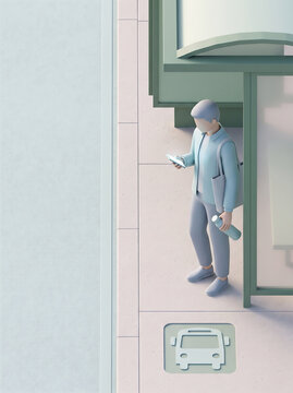 3D Minimalist Person Holding Smartphone Standing at Bus Stop Shelter