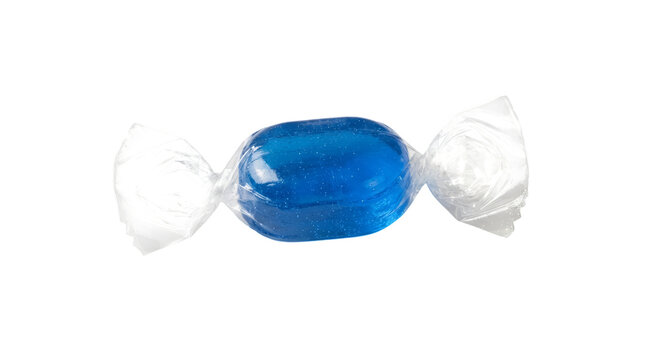 One single blue hard candy wrapped in clear plastic paper