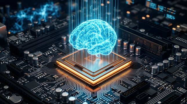 Digital brain hologram floating above glowing golden computer processor board unit