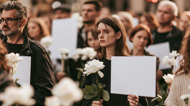 Anti-war protest concept without political branding, diverse civilians silently holding blank white placards and white flowers in a city square, solemn expressions, peaceful