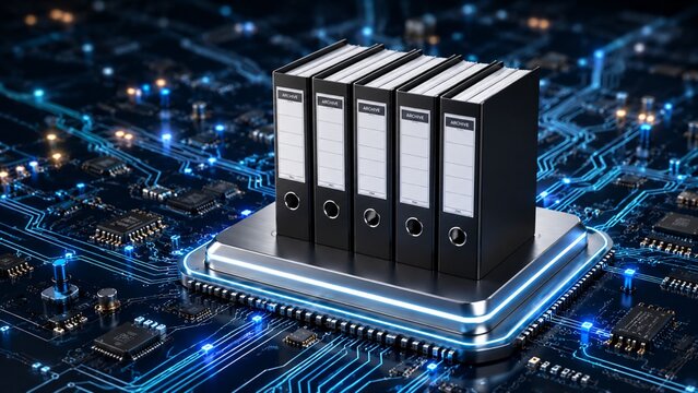 Digital Archive Concept with Ring Binders on Computer Motherboard Circuitry for Big Data Storage