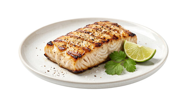 Grilled white fish fillet on plate, roasted cod steak with lime and cilantro, healthy seafood dinner isolated on white background
