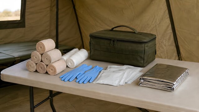 Field Medical Supplies Organized on Table Inside Emergency Tent
