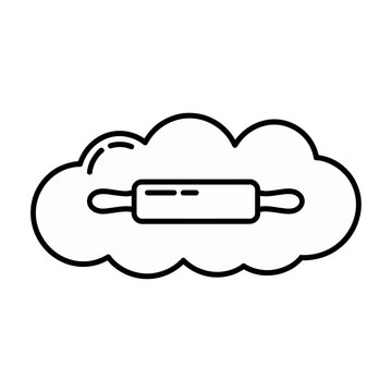 A simple black and white line art vector icon depicting a rolling pin inside a fluffy cloud