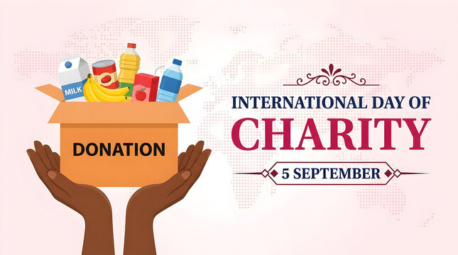 International Day of Charity 5 September banner illustration with hands holding food donation box