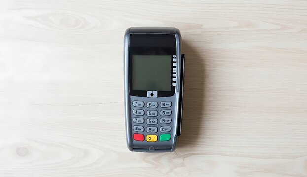 Modern wireless payment POS terminal machine with numeric keypad and screen resting on clean light wooden texture desktop background top view financial retail hardware equipment