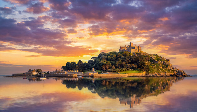 Spektakul&auml;rer Sonnenuntergang &uuml;ber St Michael's Mount mit perfekter Spiegelung im ruhigen Wasser in Cornwall, England