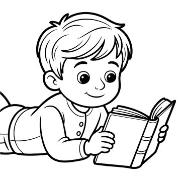 Young Boy Reading Open Book Coloring Page with Wavy Hair and Smile, Isolated on a Transparent or White Background