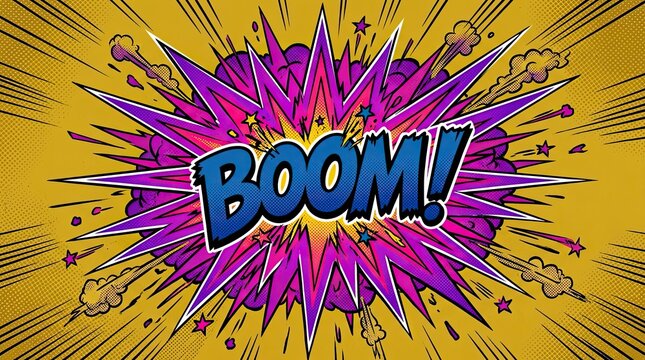 Comic book style explosion with the word boom in vibrant colors and dynamic lines